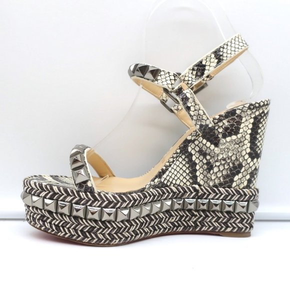 CHRISTIAN LOUBOUTIN CATACLOU STUDDED SNAKE PRINT ESPADRILLE WEDGES SIZE 37 - Picture 7 of 11